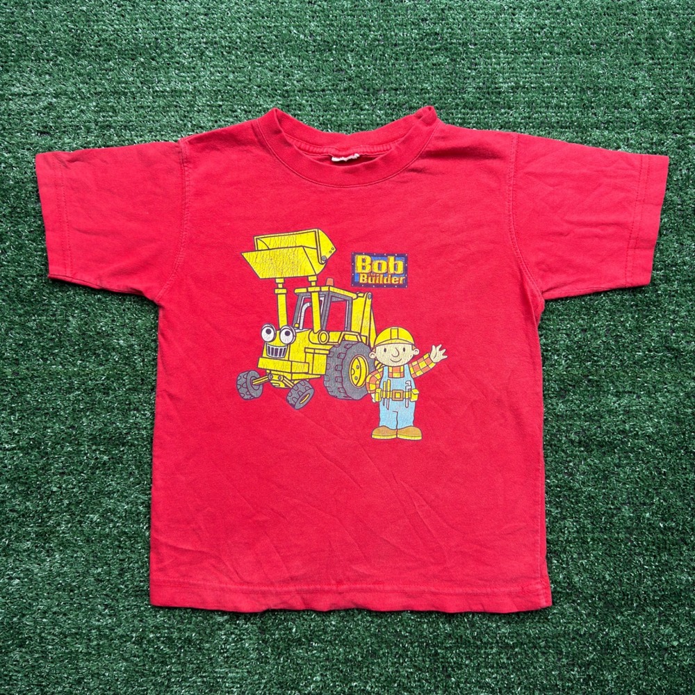 Vintage Bob the Builder Kids Red Graphic T-Shirt Scoop Digger Construction Tee